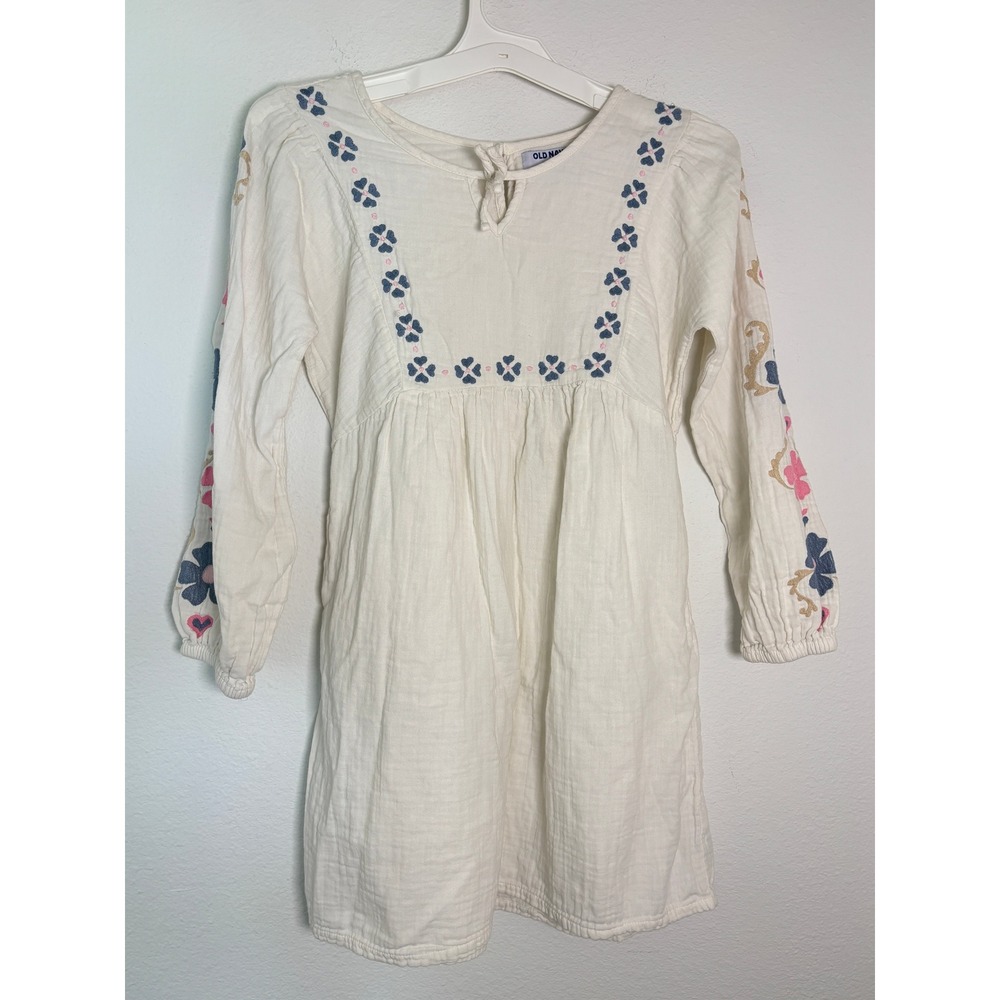 Old Navy Girls XL 14-16 White Gauze Embroidered Floral Boho Long Sleeve Dress